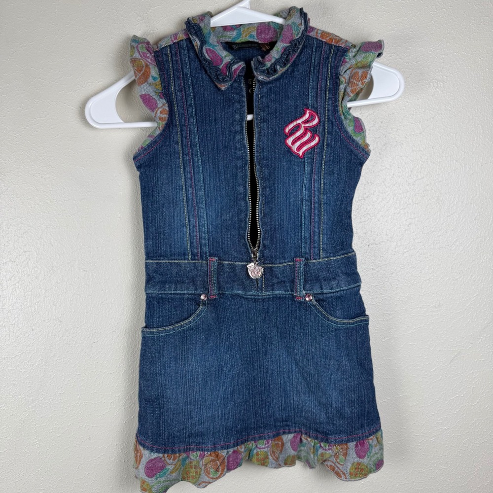 Rocawear Girls Denim Dress Blue Fruit Print Back Rhinestone Zip Front Size M 5